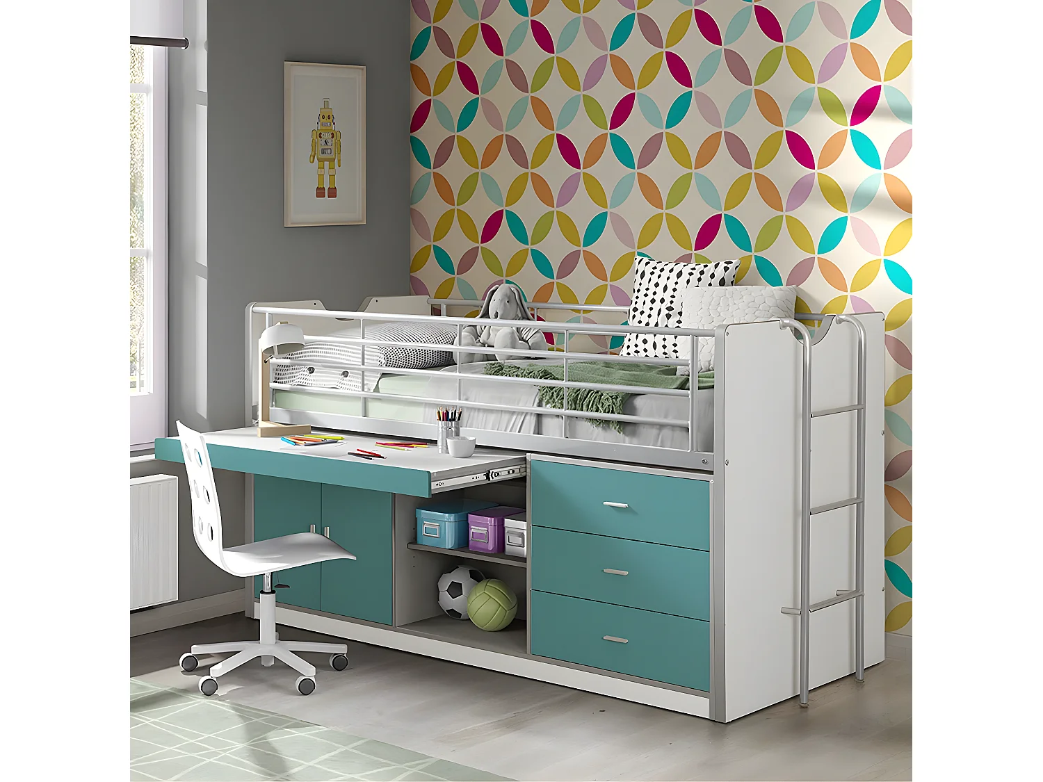 BAYMAX - Lit Combiné 90x200cm Turquoise avec Bureau Coulissant