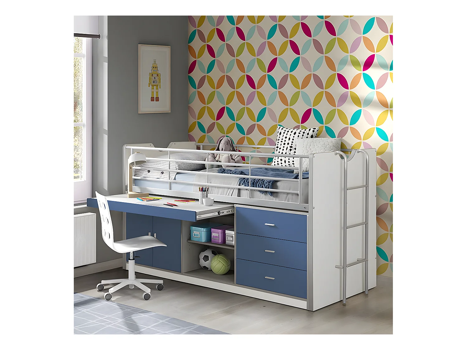 BAYMAX - Lit Combiné 90x200cm Bleu avec Bureau Coulissant