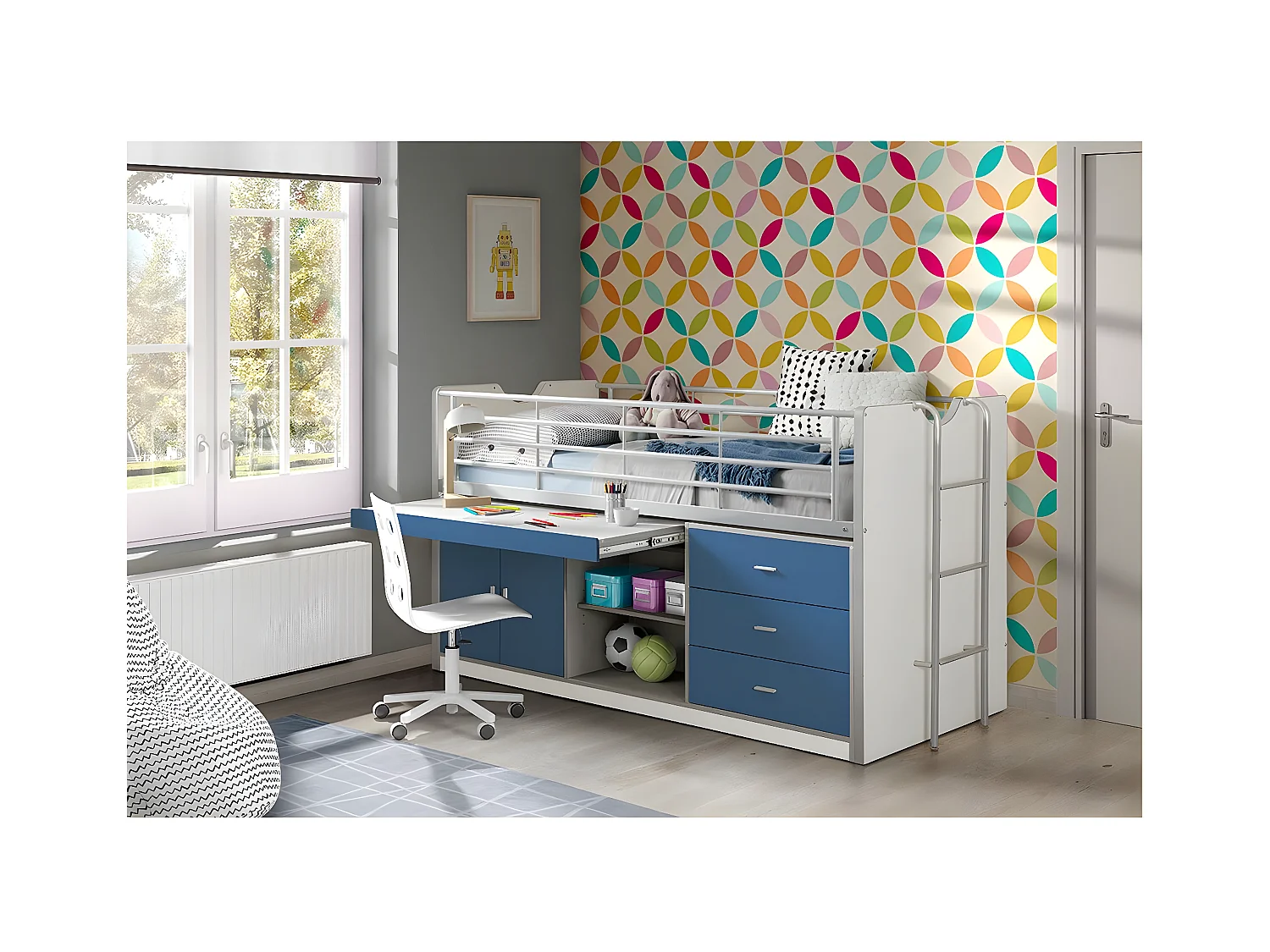 BAYMAX - Lit Combiné 90x200cm Bleu avec Bureau Coulissant