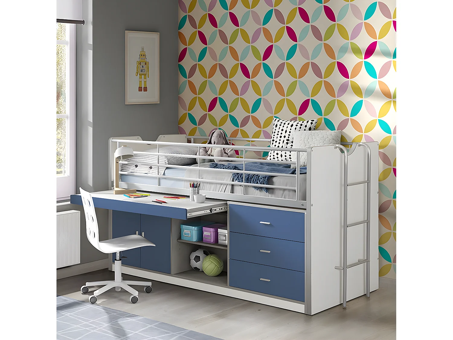 BAYMAX - Lit Combiné 90x200cm Bleu avec Bureau Coulissant