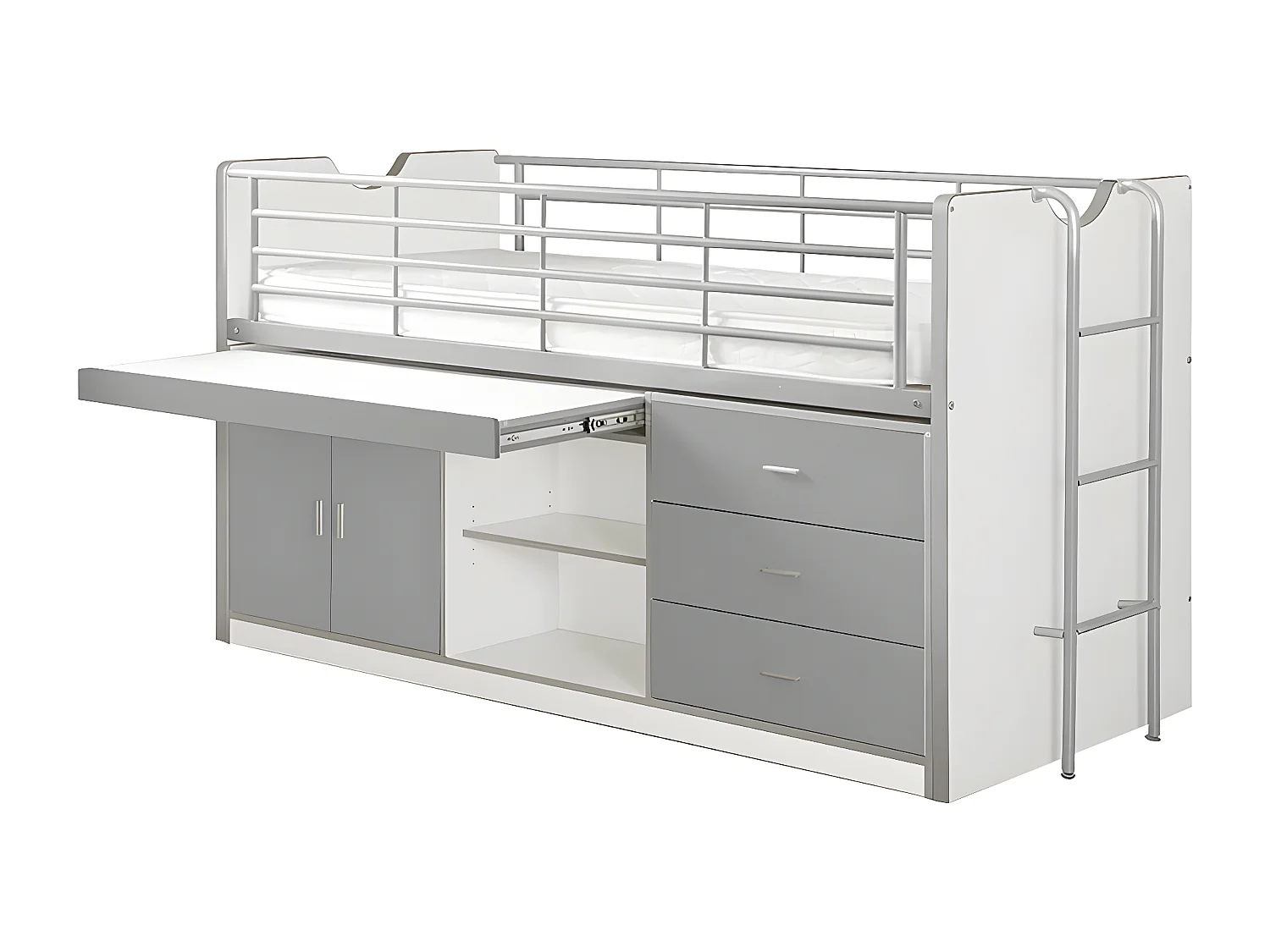 BAYMAX - Lit Combiné 90x200cm Gris avec Bureau Coulissant