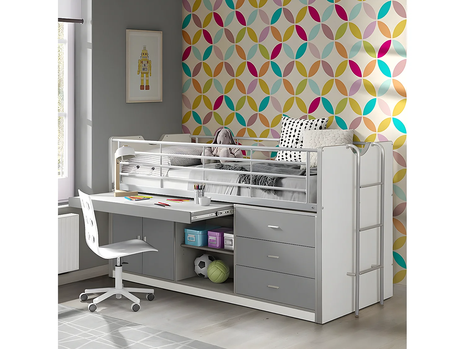 BAYMAX - Lit Combiné 90x200cm Gris avec Bureau Coulissant