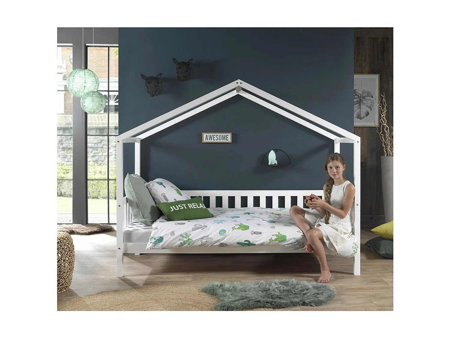 ARKAN - Lit Maison à Barrières 90x200cm Pin Blanc + Matelas