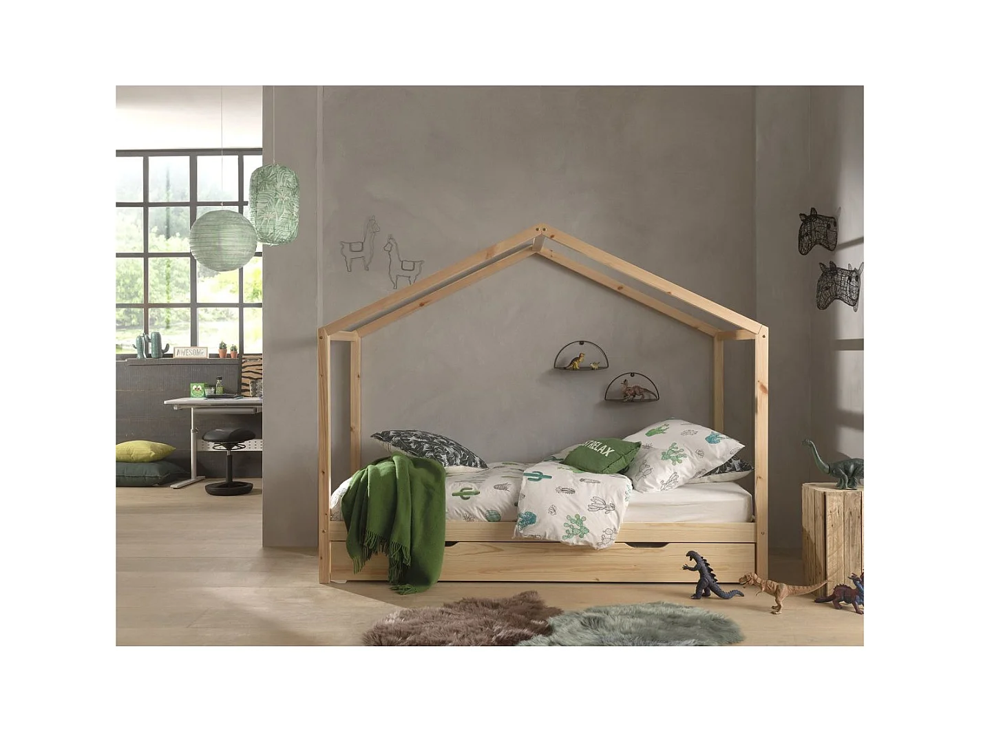 ARKAN - Lit Maison 90x200cm Pin Massif Naturel avec Tiroir