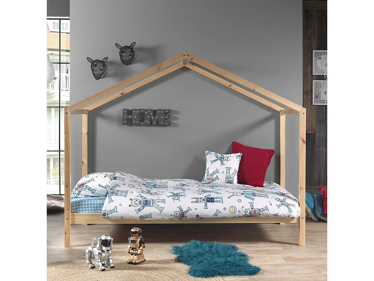 ARKAN - Lit Maison 90x200cm en Pin Massif Naturel