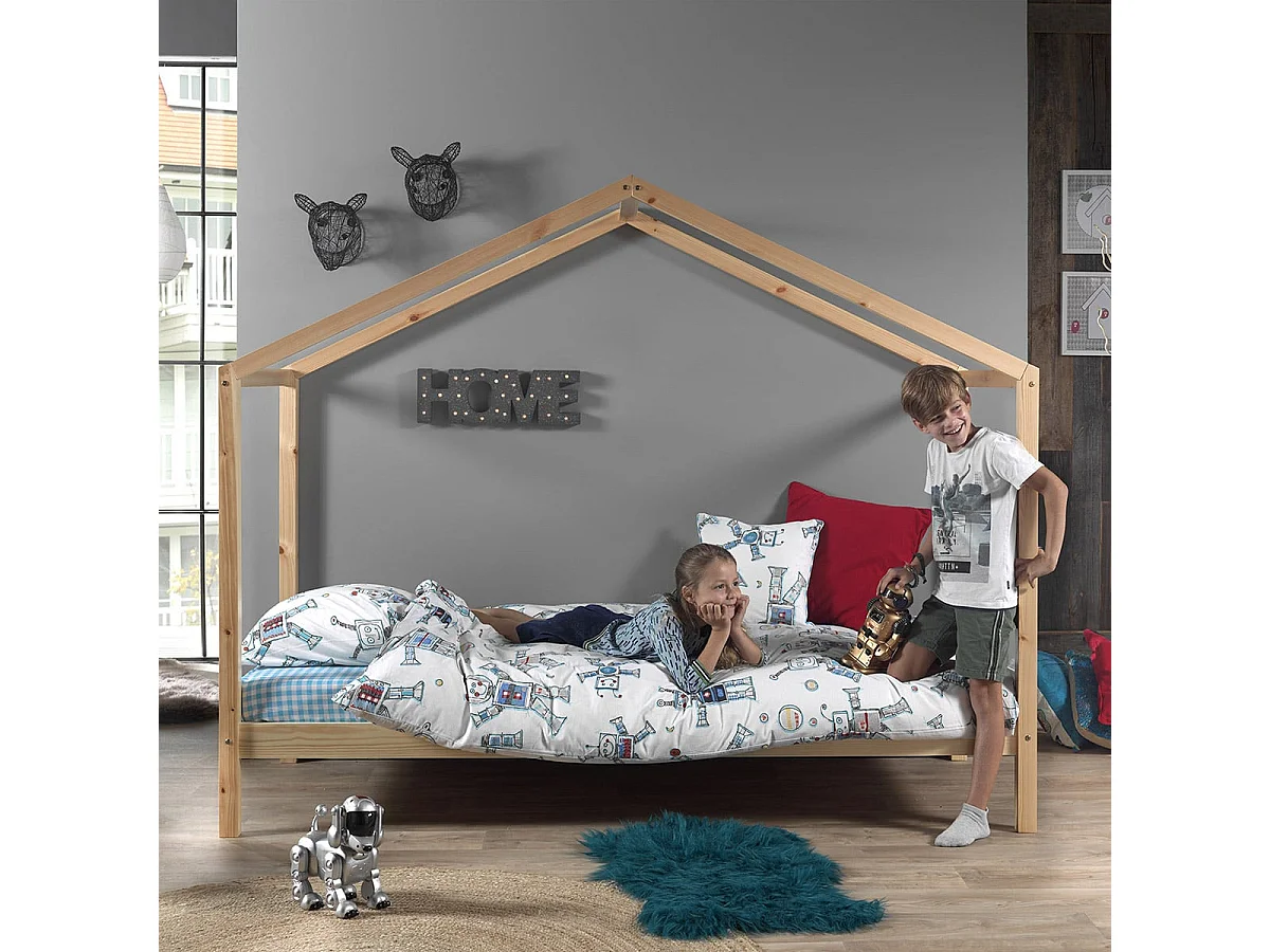 ARKAN - Lit Maison 90x200cm en Pin Massif Naturel