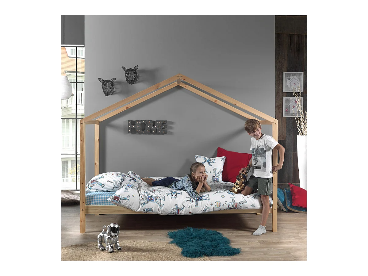 ARKAN - Lit Maison 90x200cm Pin Massif Naturel avec Matelas