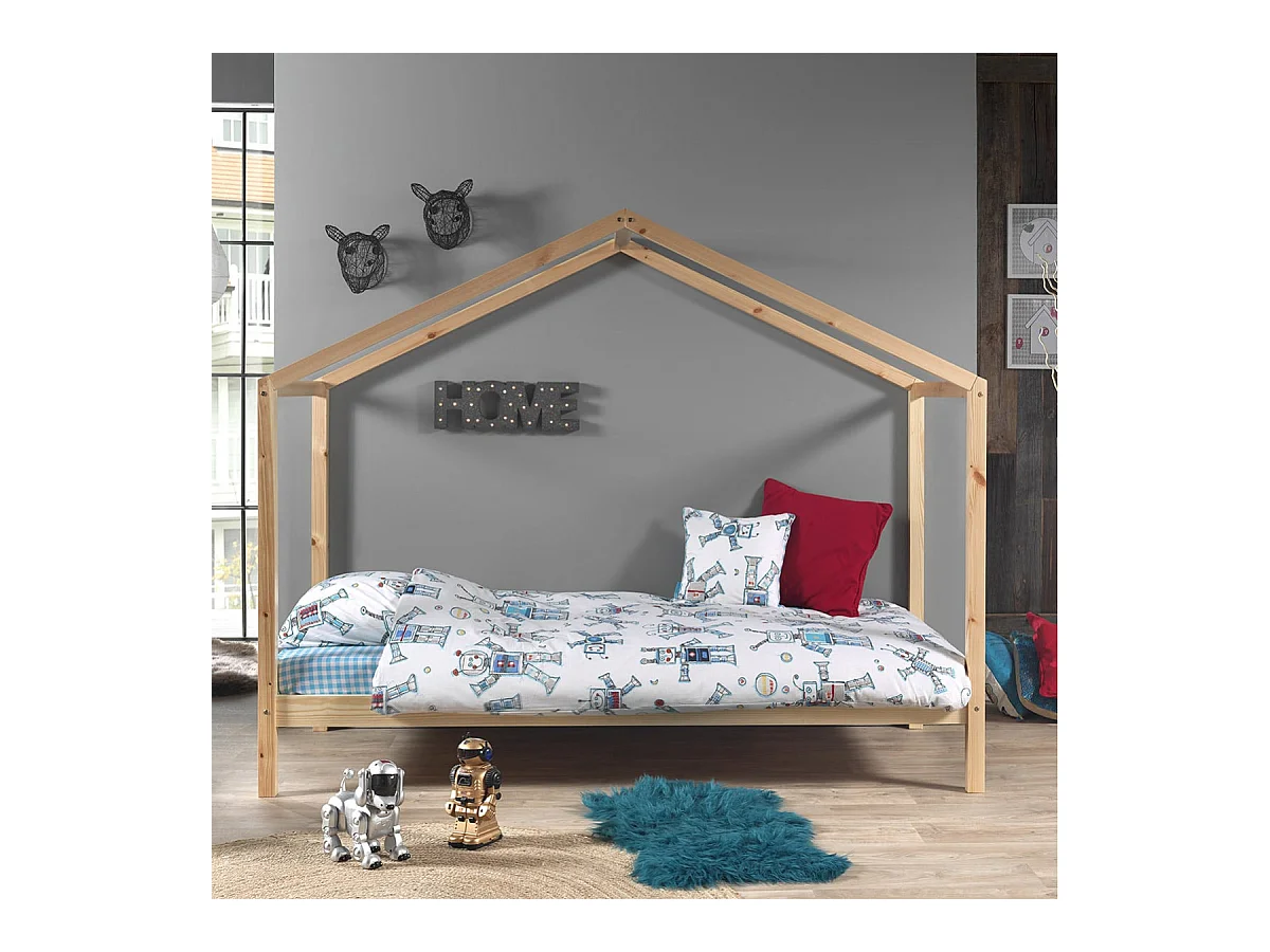 ARKAN - Lit Maison 90x200cm Pin Massif Naturel avec Matelas