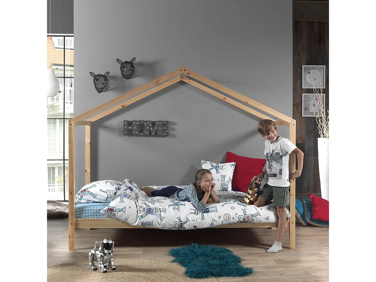 ARKAN - Lit Maison 90x200cm Pin Massif Naturel avec Matelas