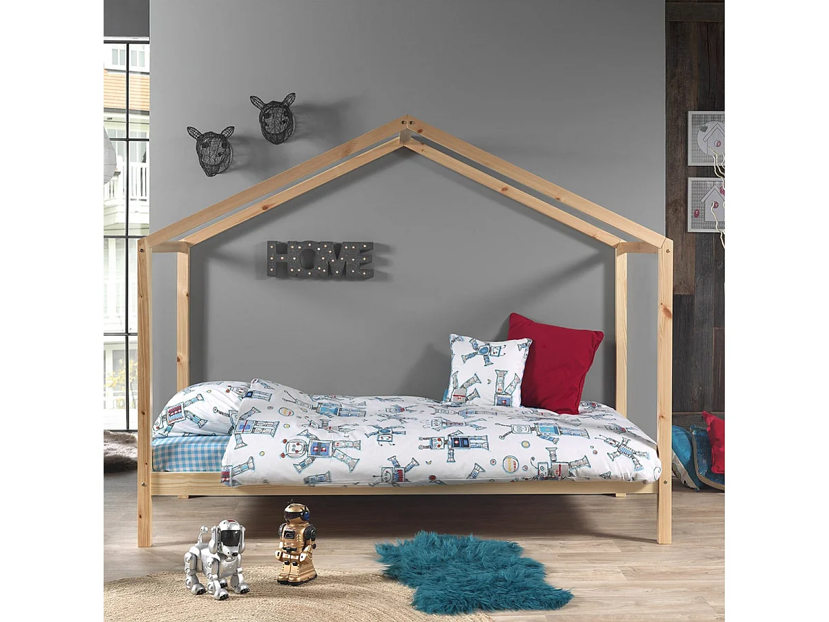 ARKAN - Lit Maison 90x200cm Pin Massif Naturel avec Matelas