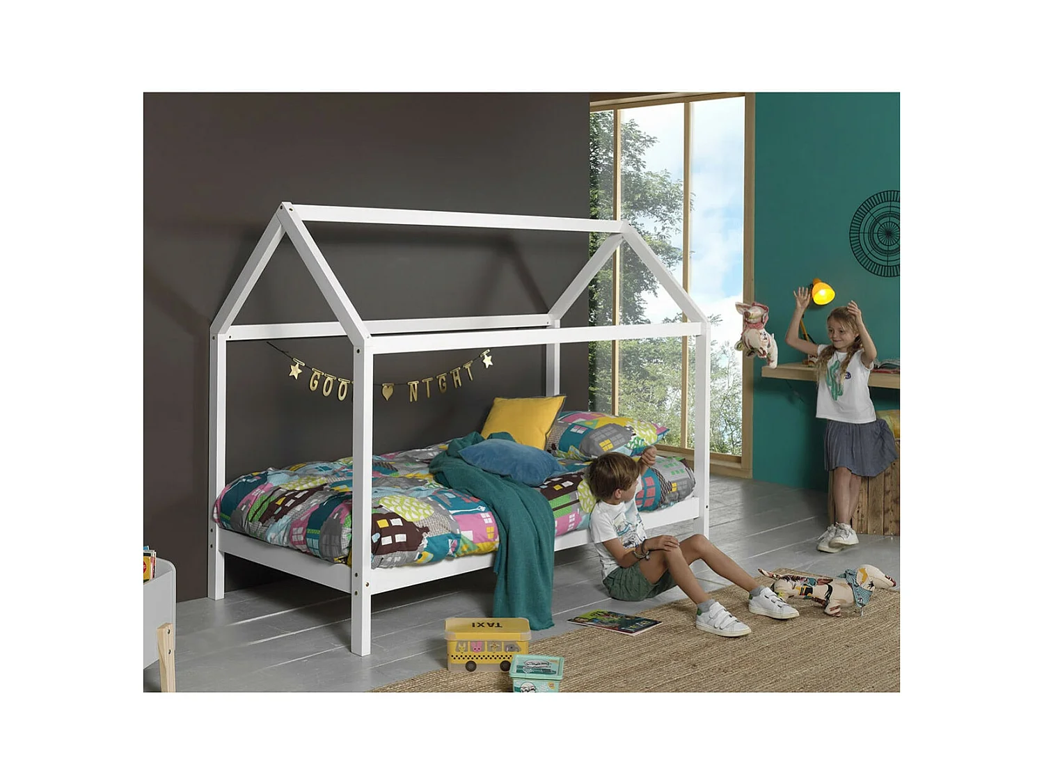 ARKAN - Lit Cabane 90x200cm en Pin Massif Blanc + Matelas