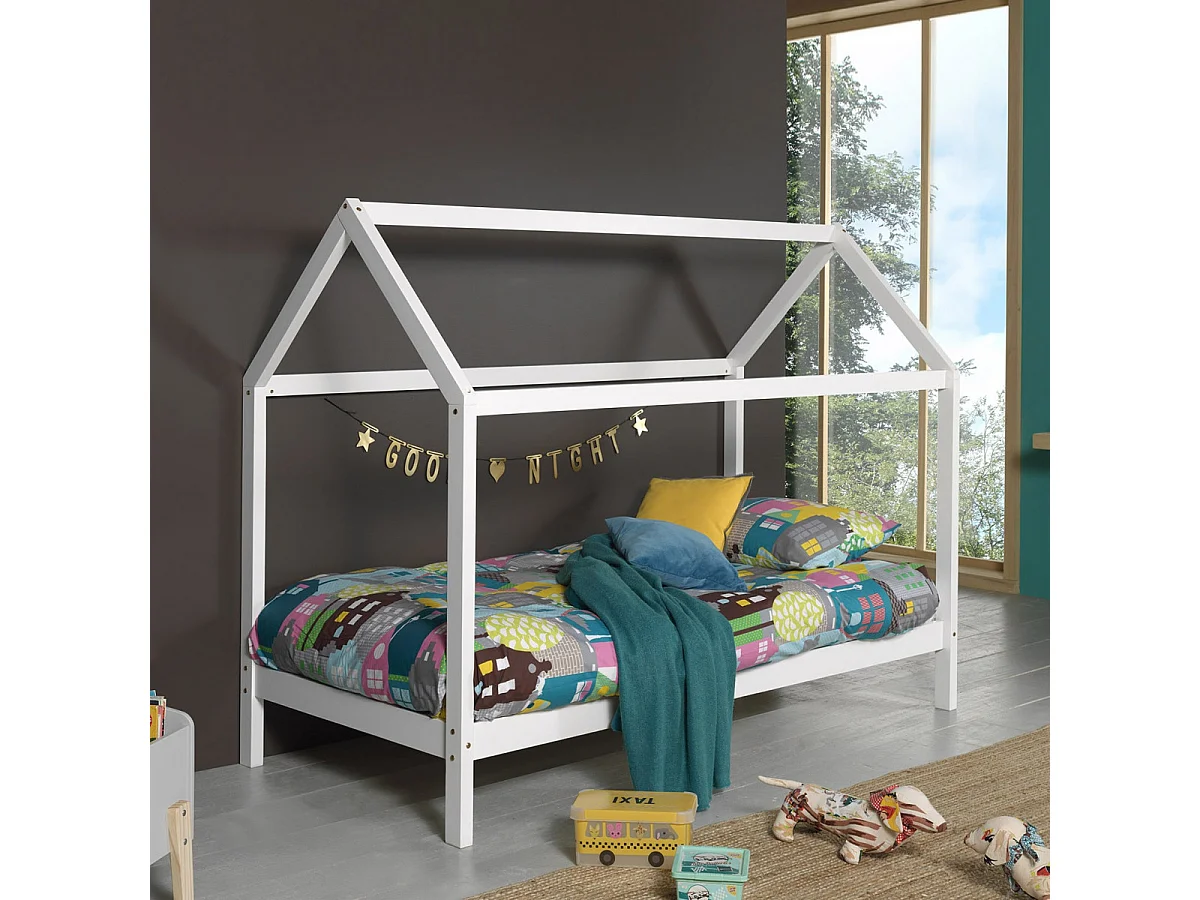 ARKAN - Lit Cabane 90x200cm en Pin Massif Blanc + Matelas