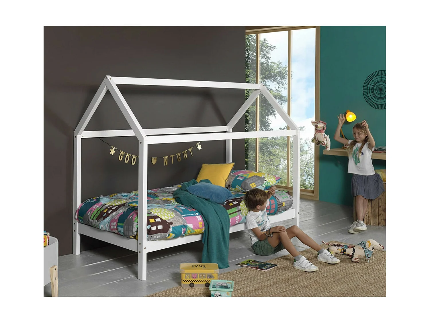 ARKAN - Lit Cabane 90x200cm en Pin Massif Blanc + Matelas
