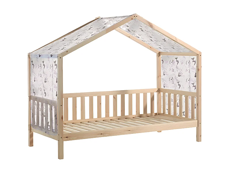 ARKAN - Lit Maison à Barrières 90x200cm Pin Naturel + Voile