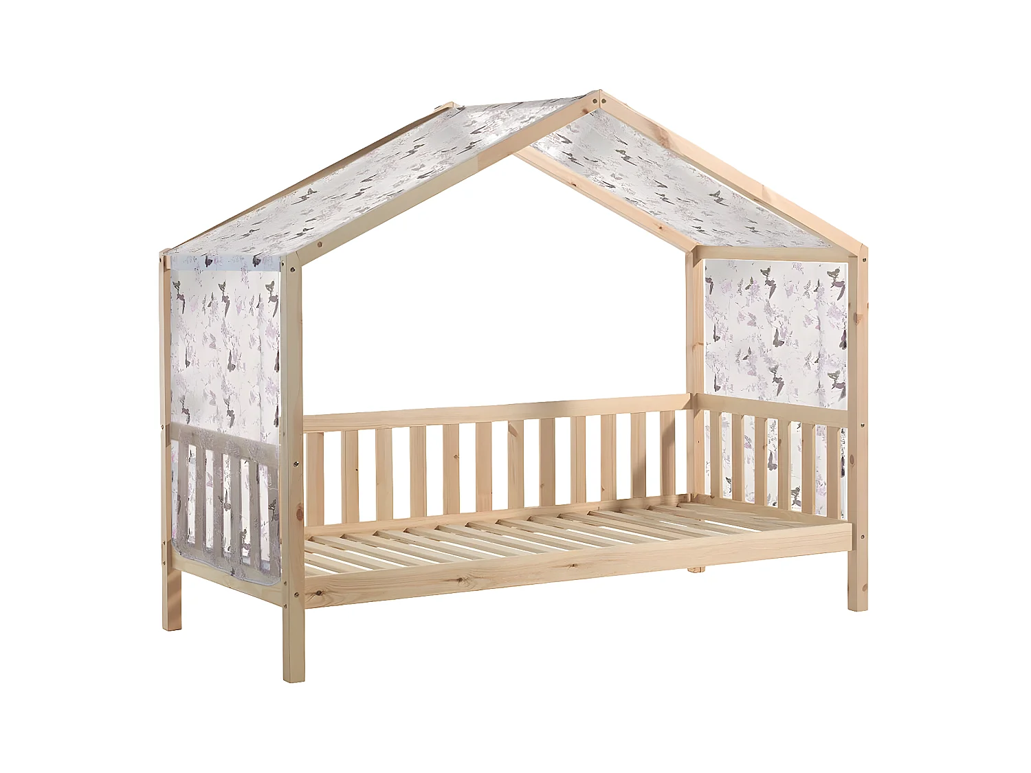 ARKAN - Lit Maison à Barrières 90x200cm Pin Naturel + Voile