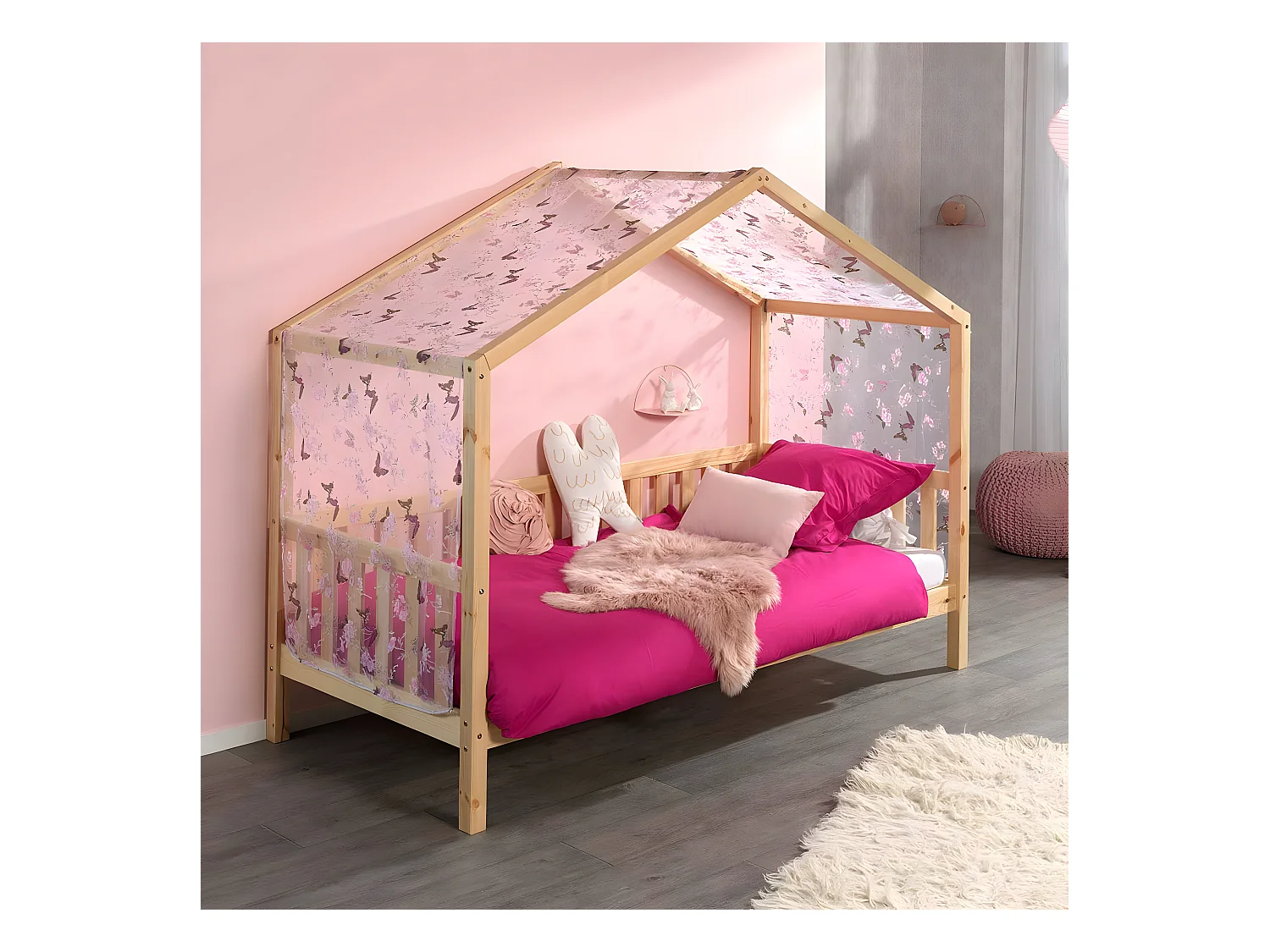 ARKAN - Lit Maison à Barrières 90x200cm Pin Naturel + Voile