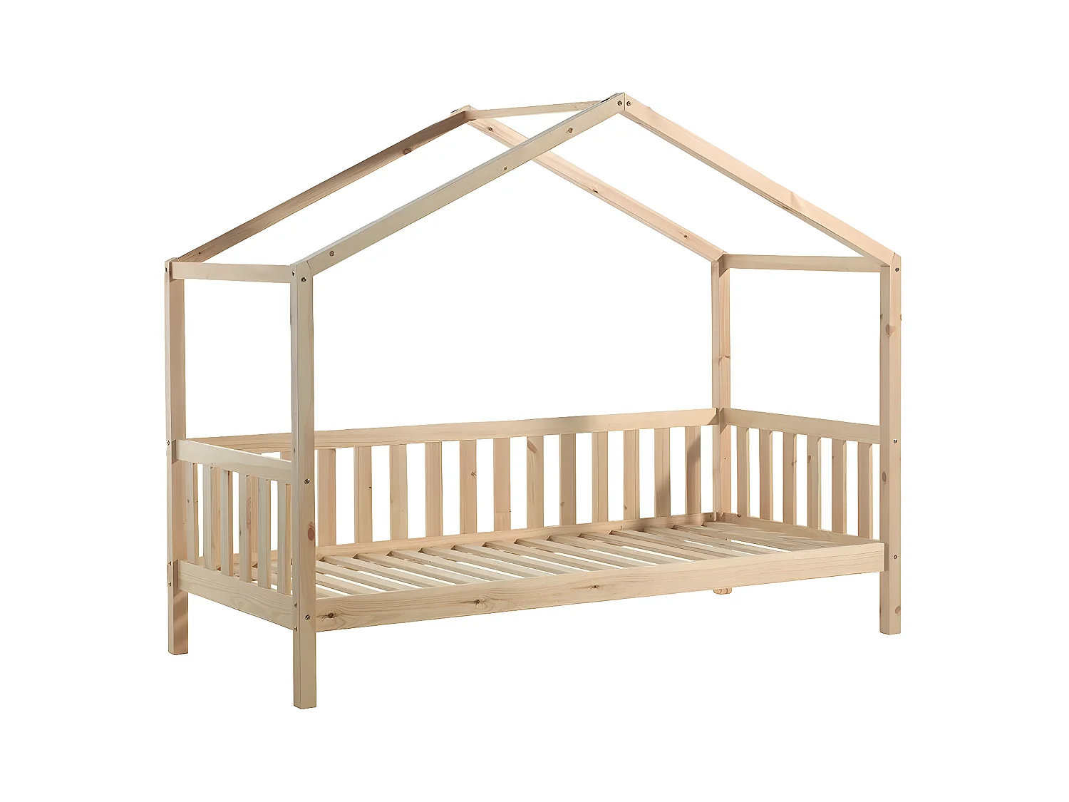 ARKAN - Lit Maison à Barrières 90x200cm Pin Naturel + Voile