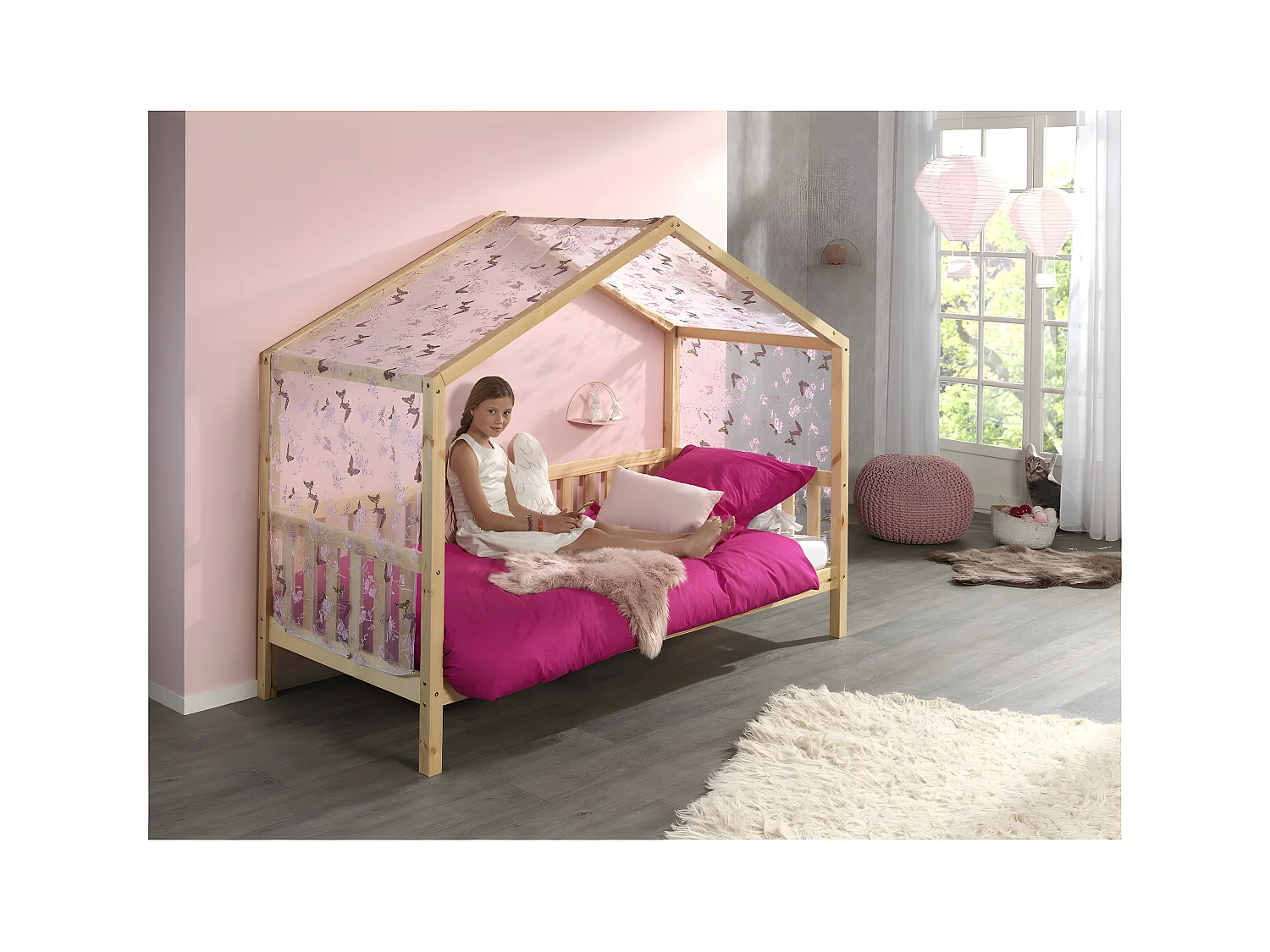 ARKAN - Lit Maison à Barrières 90x200cm Pin Naturel + Voile