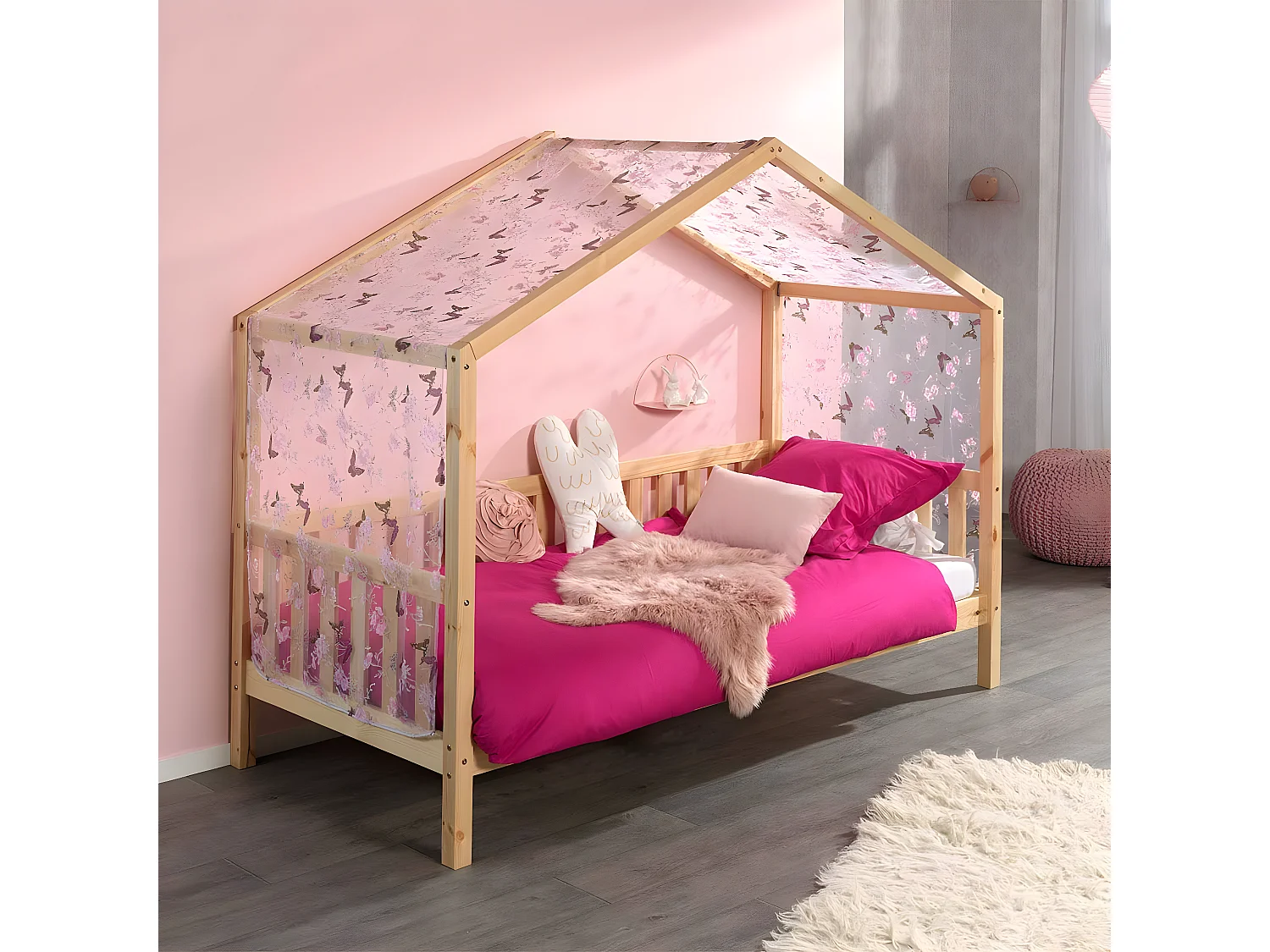 ARKAN - Lit Maison à Barrières 90x200cm Pin Naturel + Voile