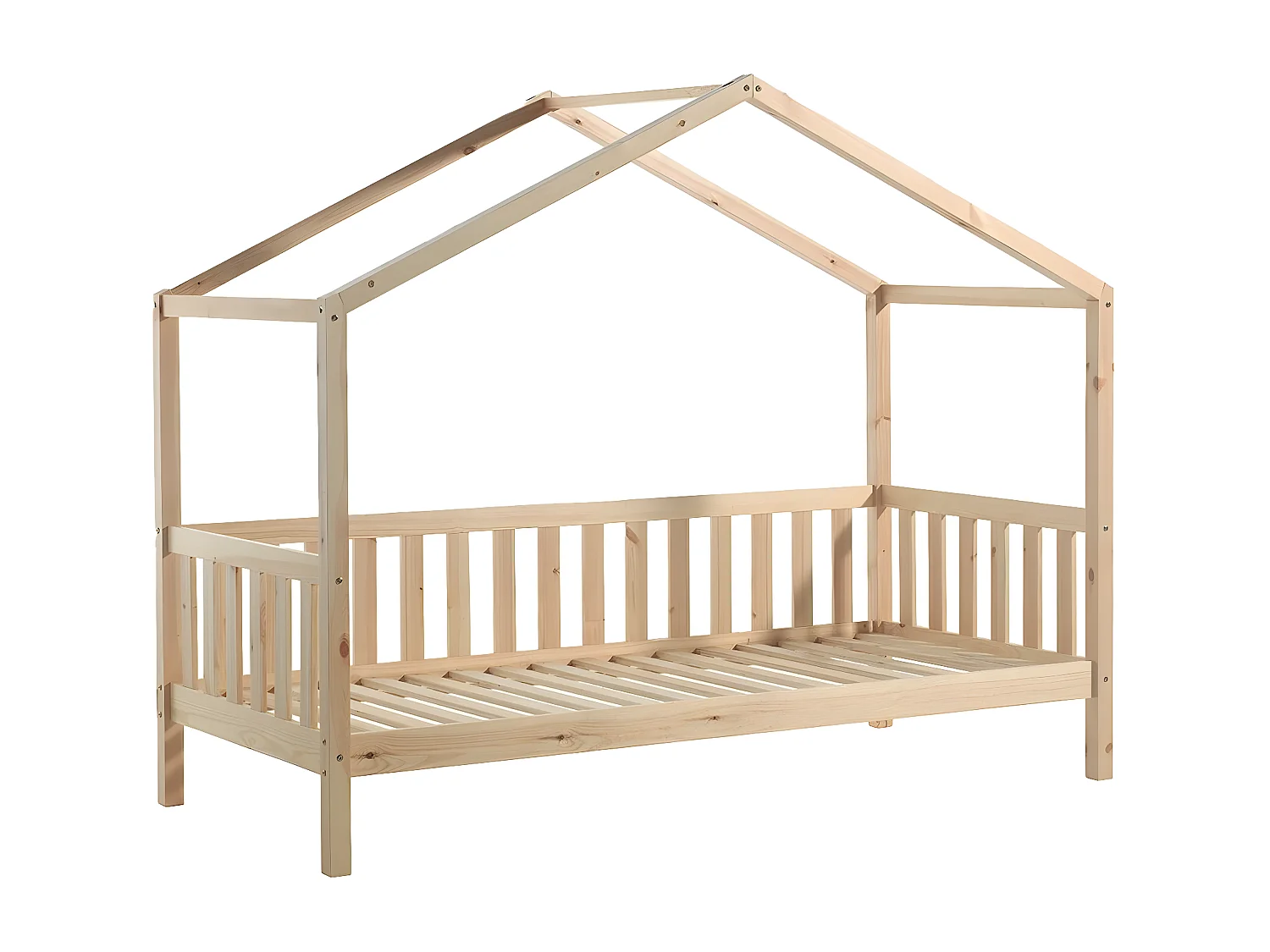 ARKAN - Lit Maison à Barrières 90x200cm Pin Naturel + Voile