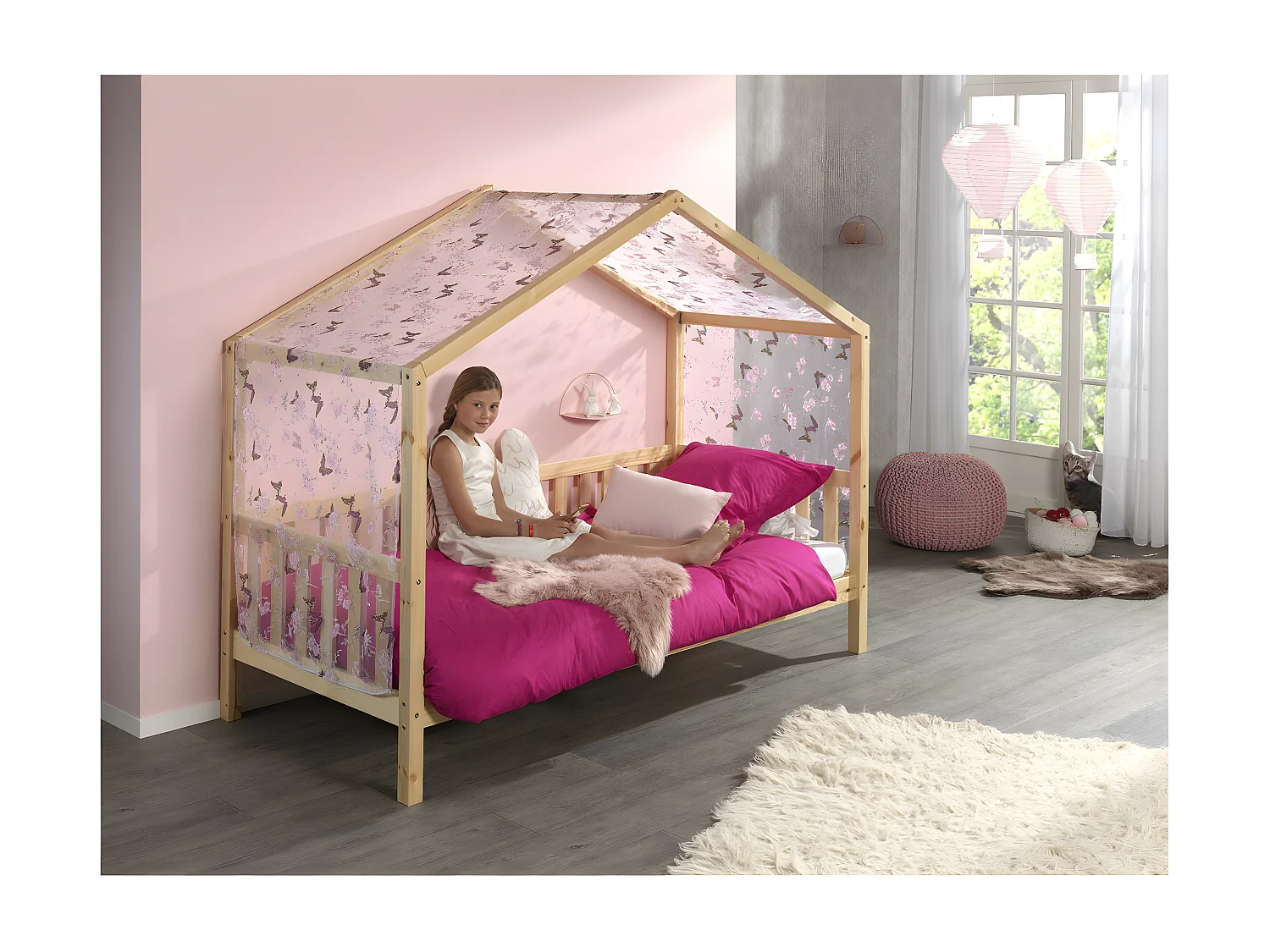 ARKAN - Lit Maison à Barrières 90x200cm Pin Naturel + Voile