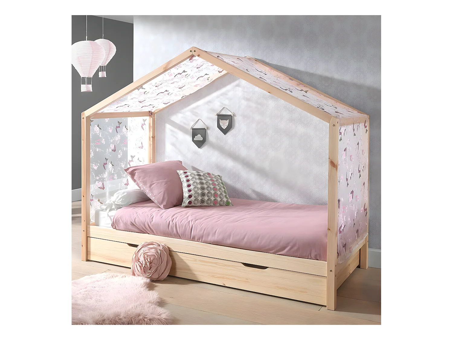 ARKAN - Lit Maison 90x200cm Complet en Pin Massif Naturel