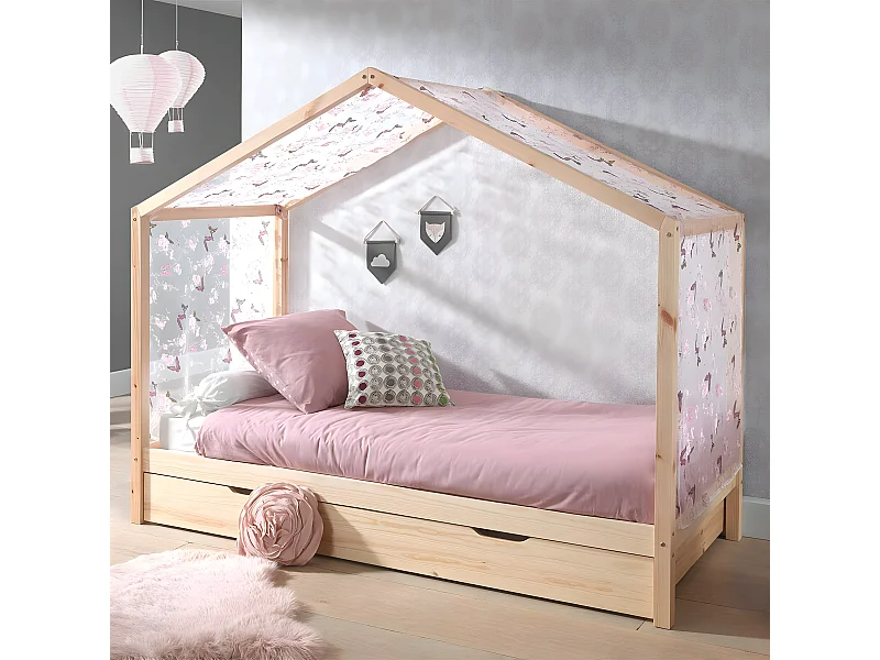 ARKAN - Lit Maison 90x200cm Complet en Pin Massif Naturel