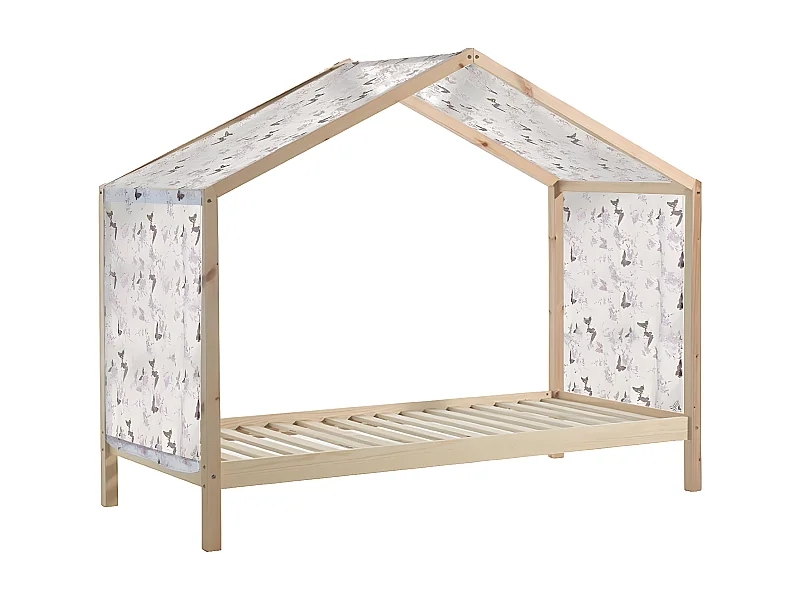 ARKAN - Lit Maison 90x200cm en Pin Massif Naturel avec Voile
