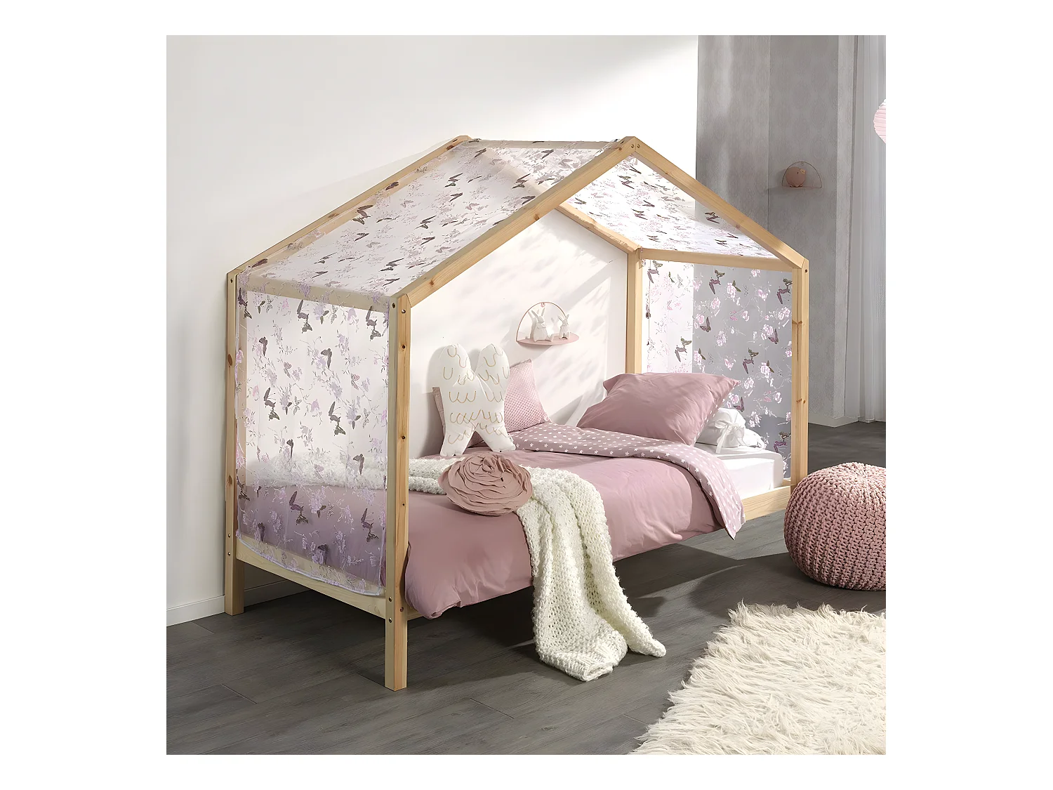 ARKAN - Lit Maison 90x200cm en Pin Massif Naturel avec Voile