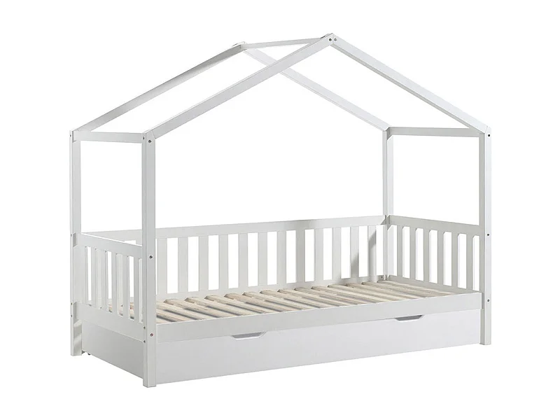 ARKAN - Lit Maison à Barrières 90x200cm Pin Blanc + Tiroir