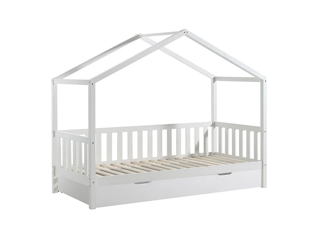 ARKAN - Lit Maison à Barrières 90x200cm Pin Blanc + Tiroir