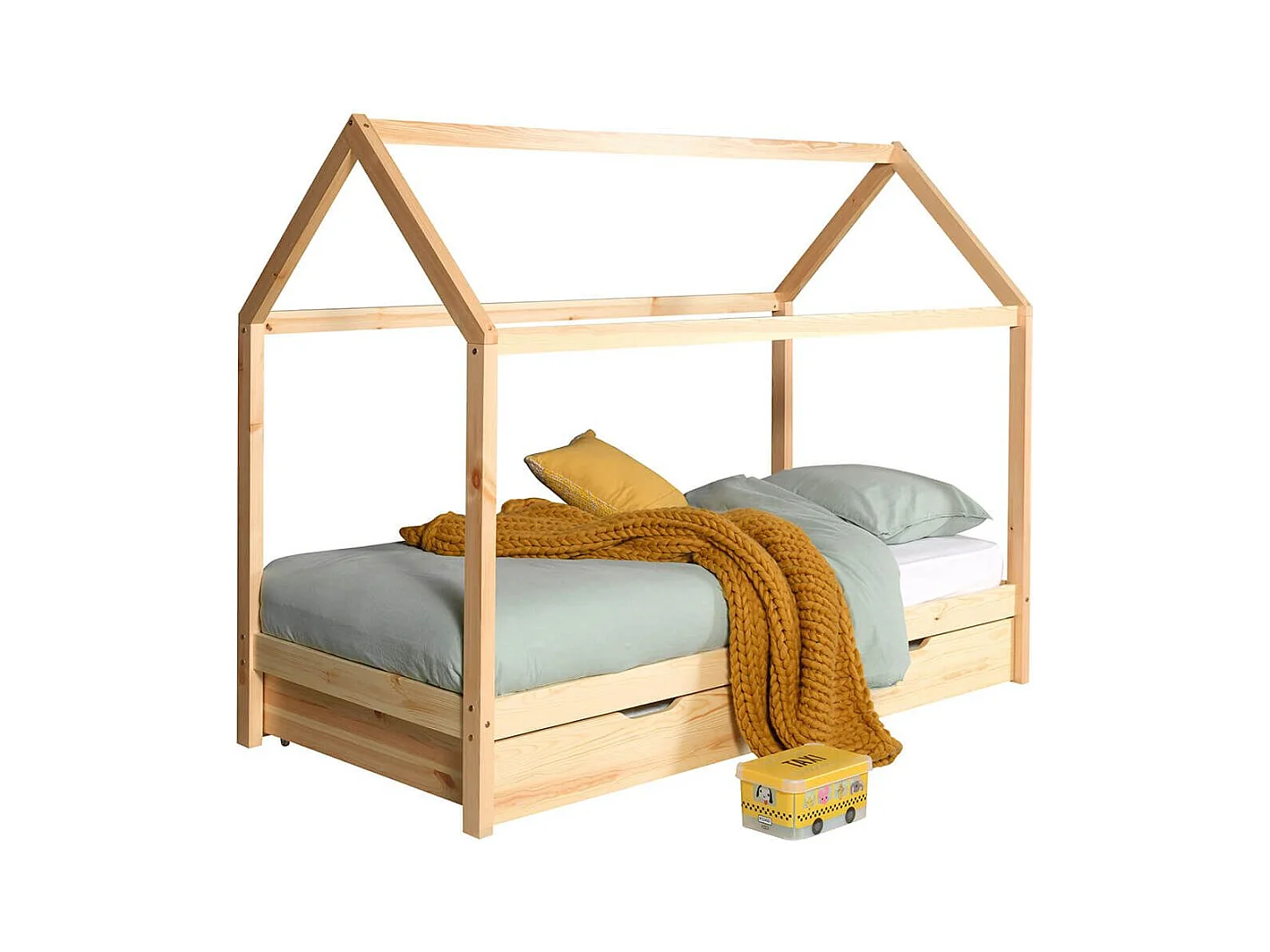 ARKAN - Lit Cabane 90x200cm en Pin Massif Naturel + Tiroir