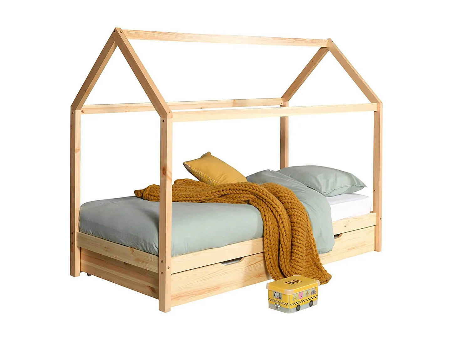 ARKAN - Lit Cabane 90x200cm en Pin Massif Naturel + Tiroir