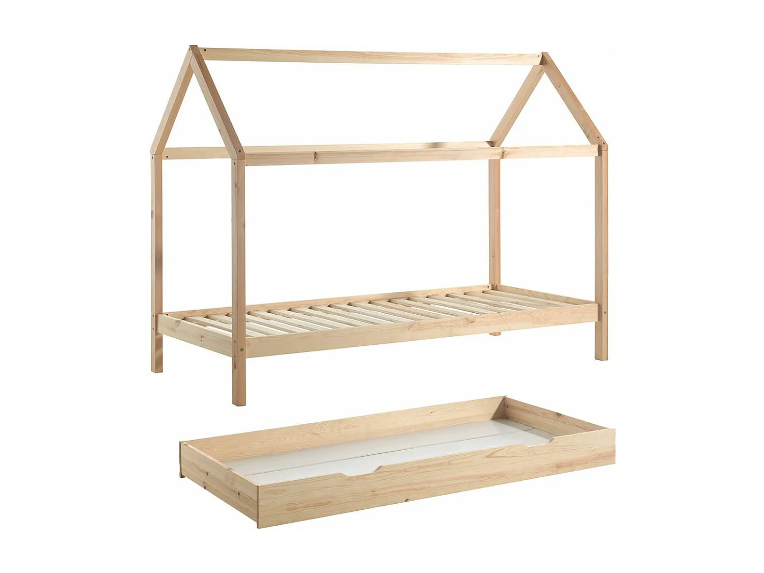 ARKAN - Lit Cabane 90x200cm en Pin Massif Naturel + Tiroir