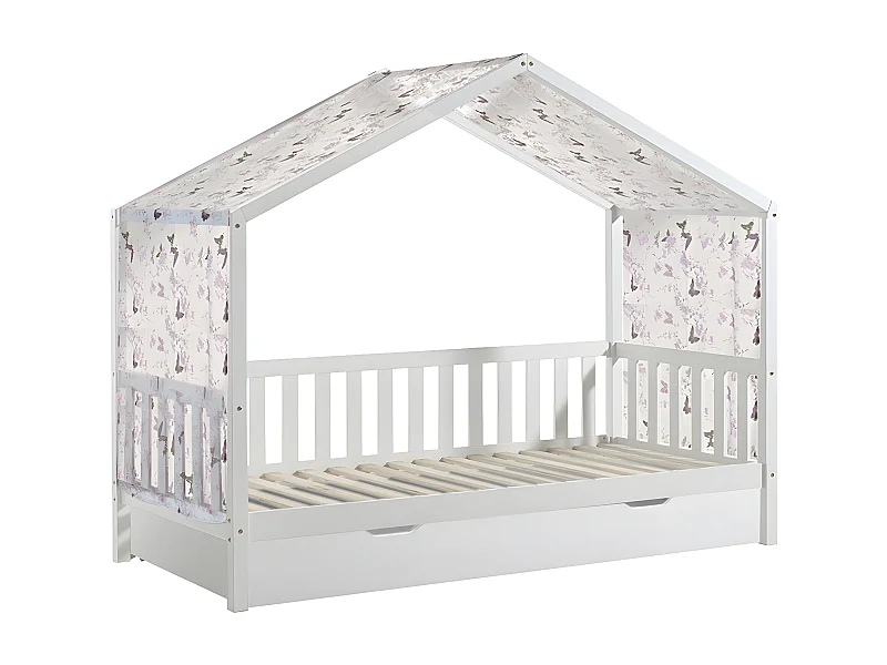 ARKAN - Lit Maison à Barrières 90x200cm Complet Pin Blanc