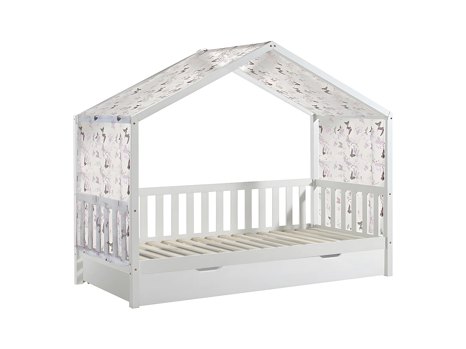 ARKAN - Lit Maison à Barrières 90x200cm Complet Pin Blanc