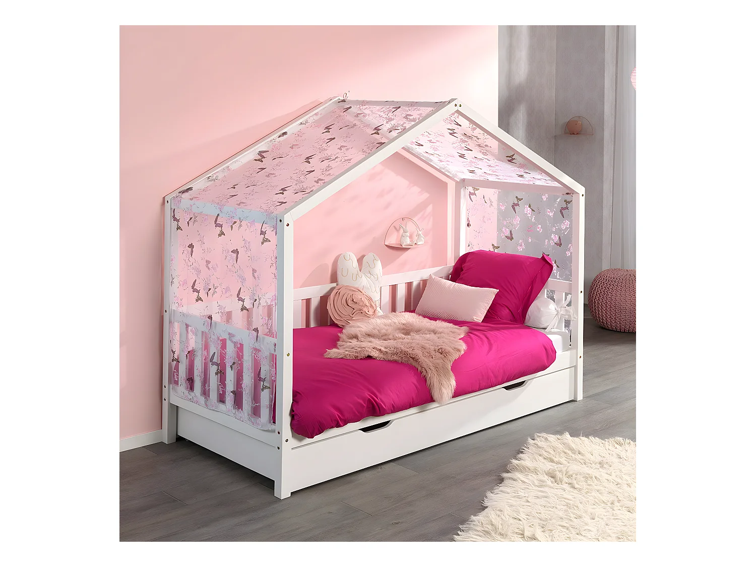 ARKAN - Lit Maison à Barrières 90x200cm Complet Pin Blanc