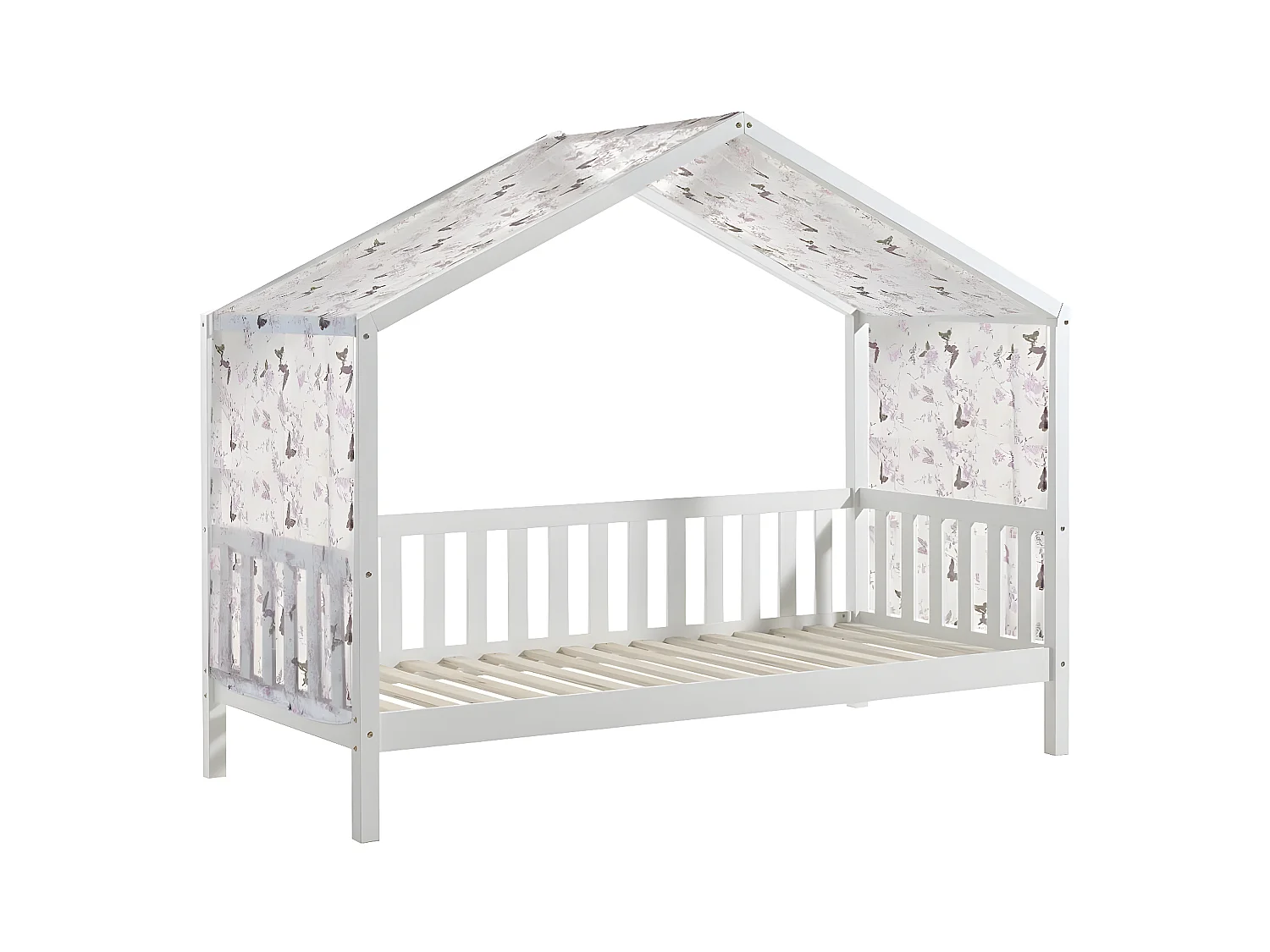 ARKAN - Lit Maison à Barrières 90x200cm Complet Pin Blanc