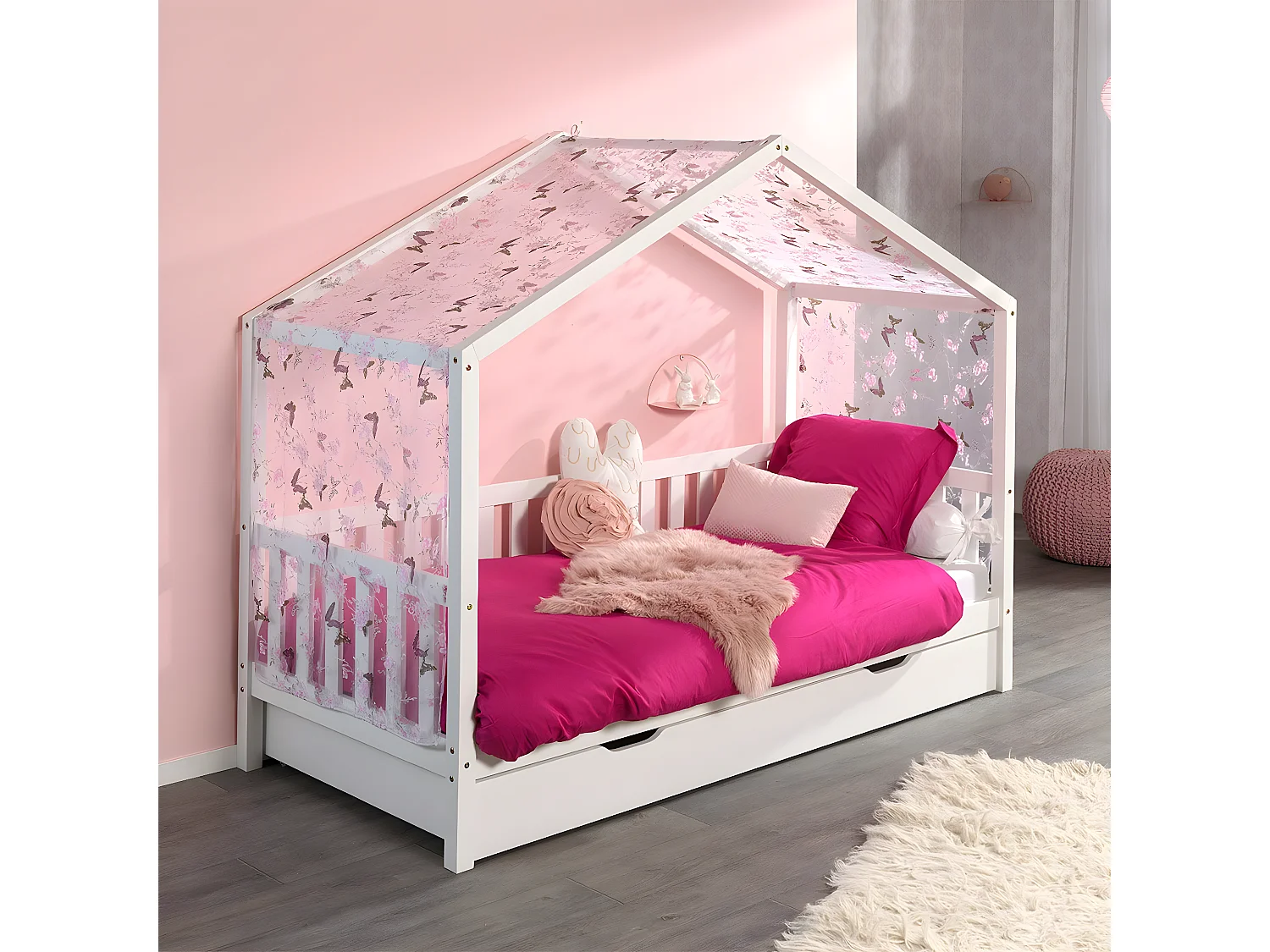 ARKAN - Lit Maison à Barrières 90x200cm Complet Pin Blanc