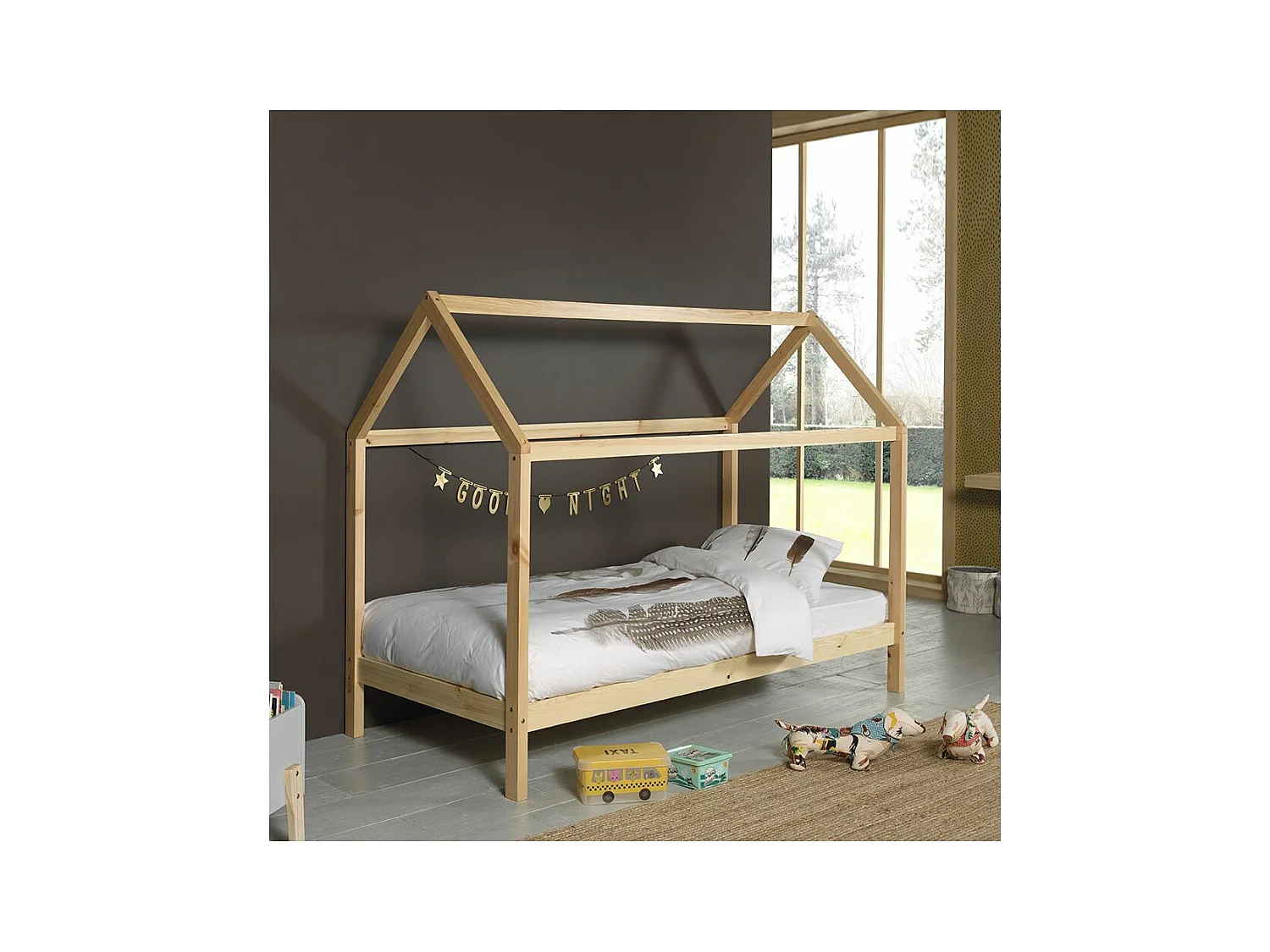 ARKAN - Lit Cabane 90x200cm en Pin Massif Naturel + Matelas