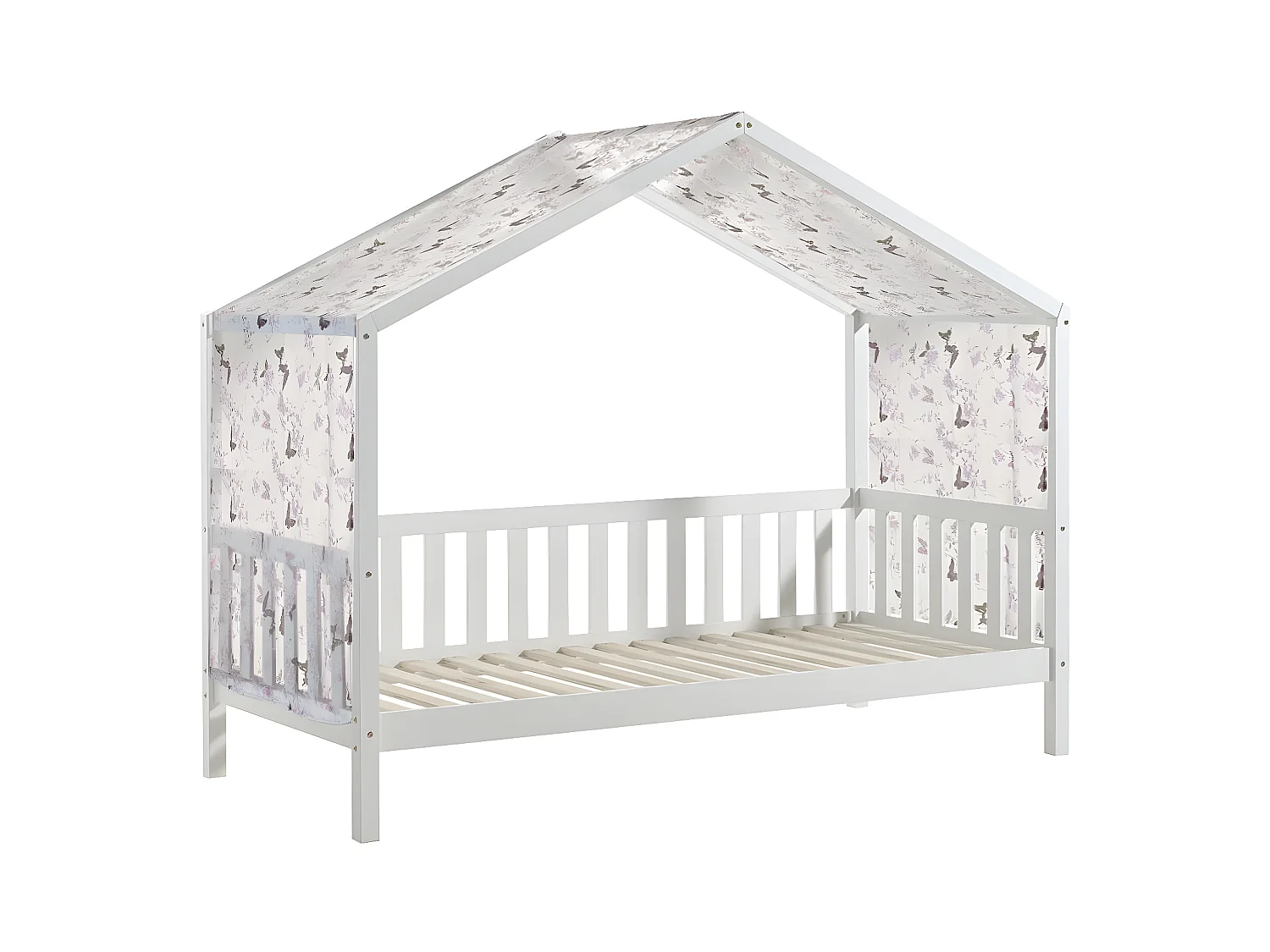 ARKAN - Lit Maison à Barrières 90x200cm Pin Blanc + Voile