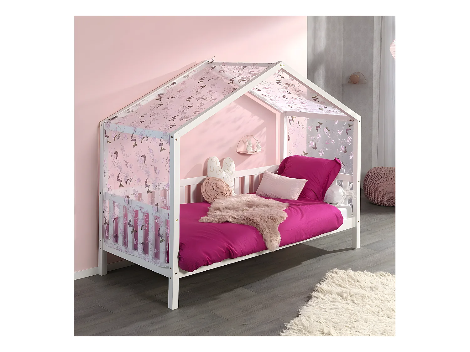 ARKAN - Lit Maison à Barrières 90x200cm Pin Blanc + Voile