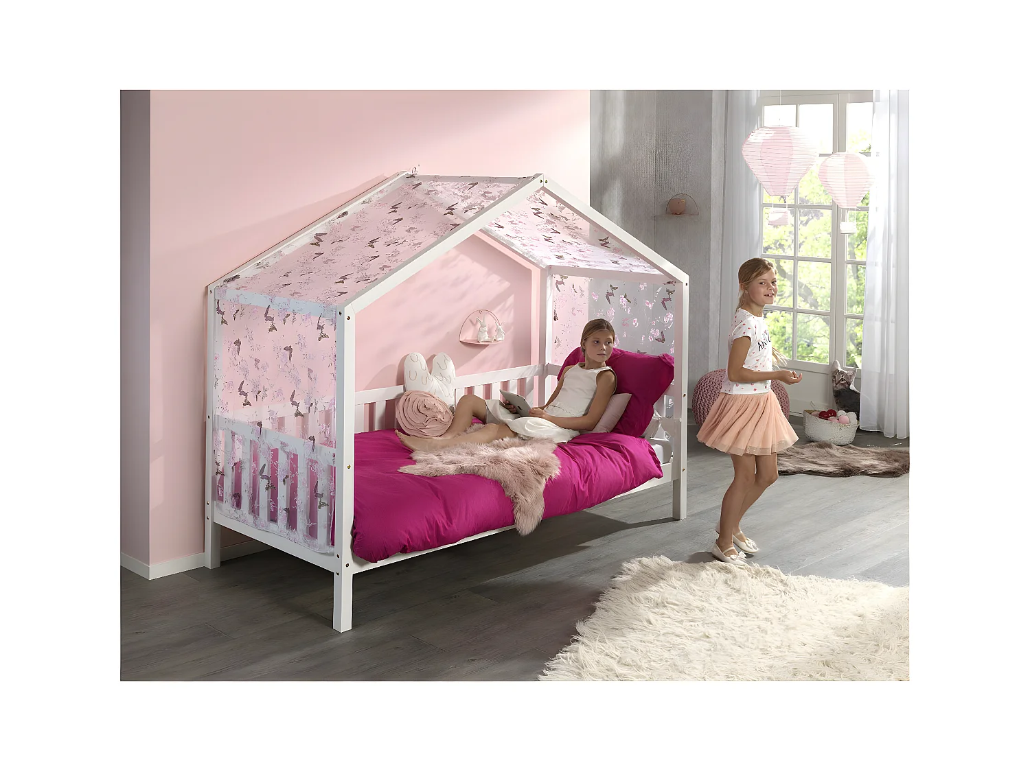 ARKAN - Lit Maison à Barrières 90x200cm Pin Blanc + Voile