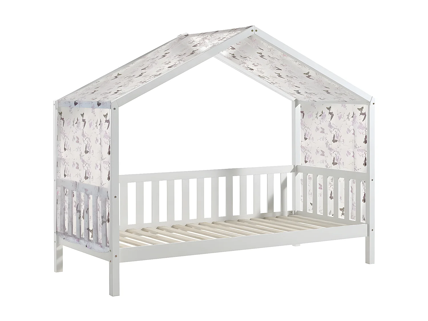 ARKAN - Lit Maison à Barrières 90x200cm Pin Blanc + Voile