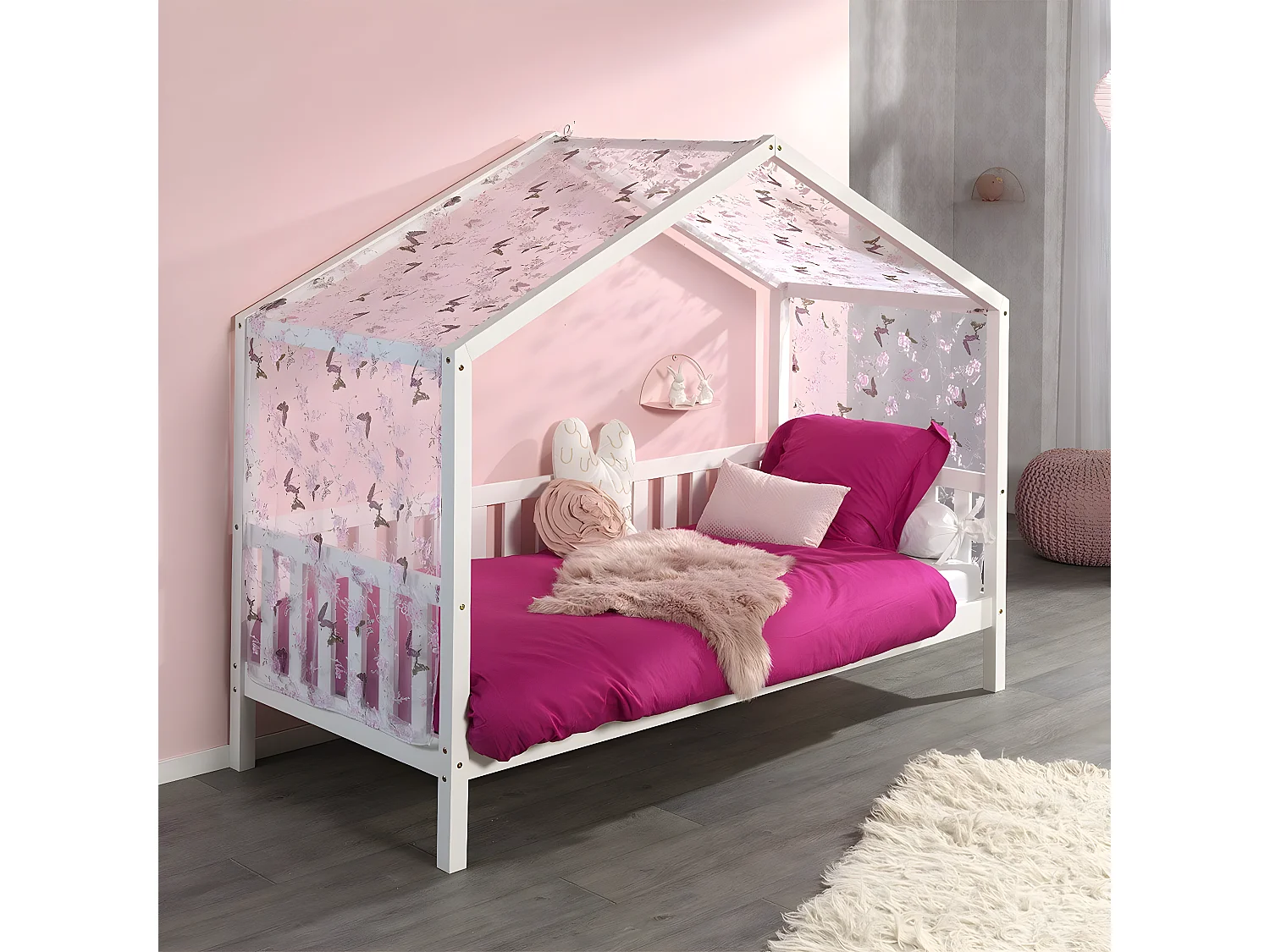 ARKAN - Lit Maison à Barrières 90x200cm Pin Blanc + Voile