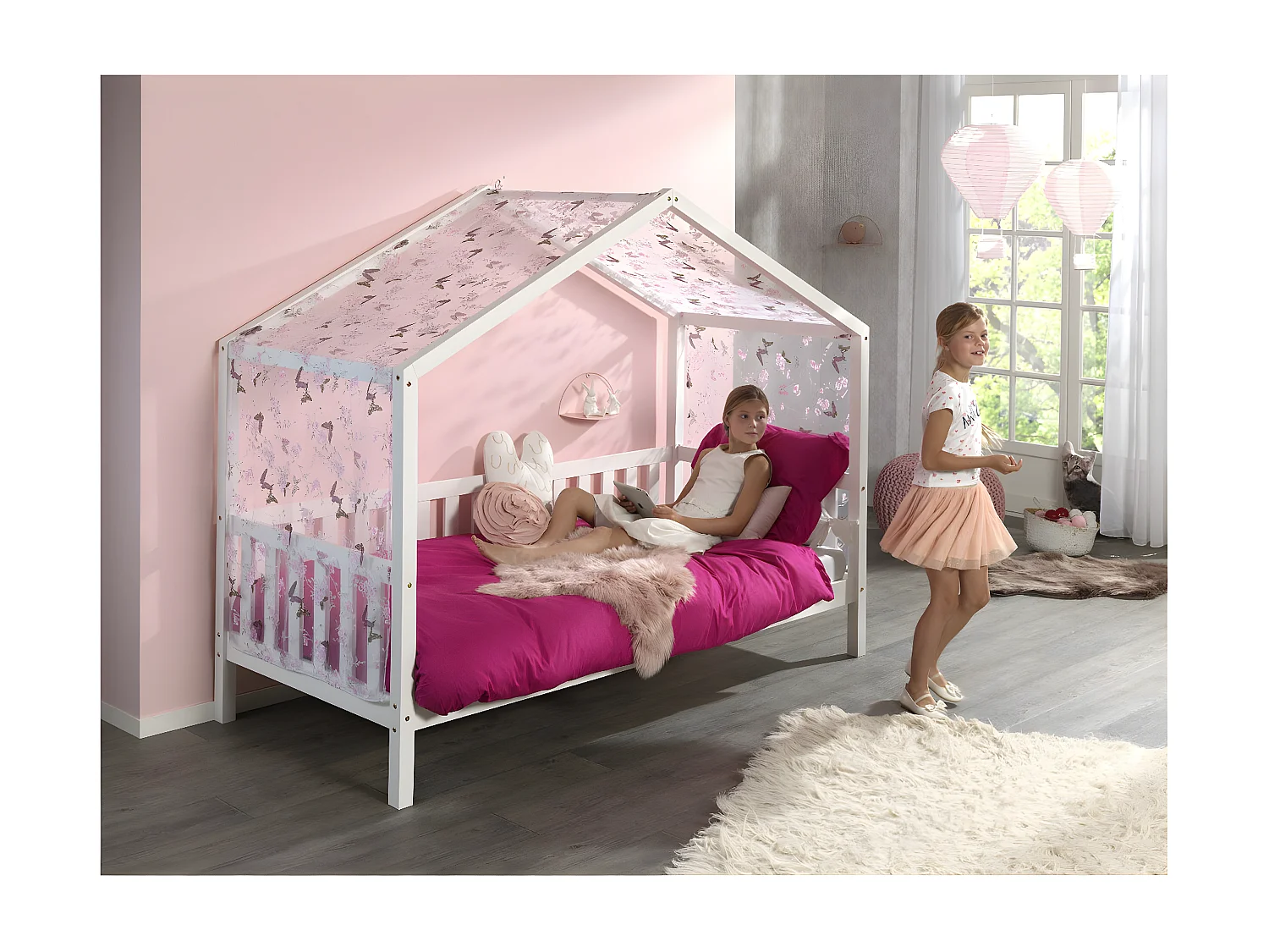 ARKAN - Lit Maison à Barrières 90x200cm Pin Blanc + Voile