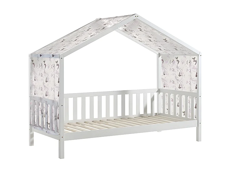 ARKAN - Lit Maison à Barrières 90x200cm Pin Blanc + Voile