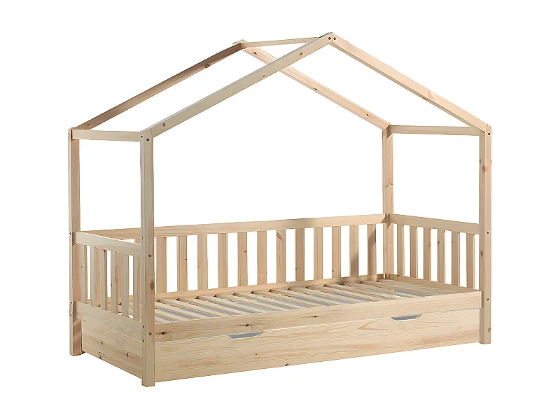 ARKAN - Lit Maison à Barrières 90x200cm Pin Naturel + Tiroir