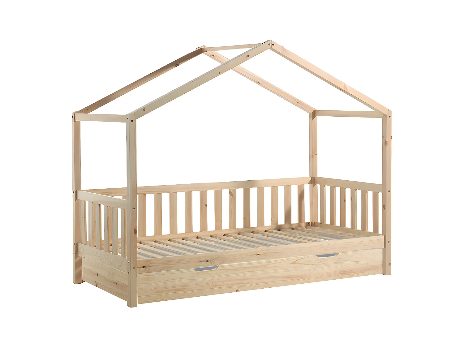 ARKAN - Lit Maison à Barrières 90x200cm Pin Naturel + Tiroir