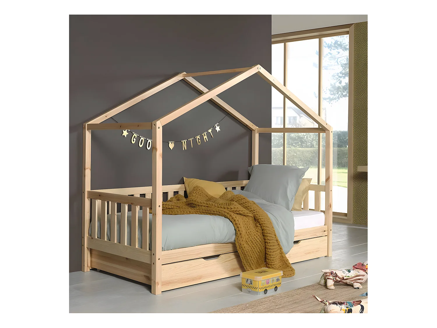 ARKAN - Lit Maison à Barrières 90x200cm Pin Naturel + Tiroir